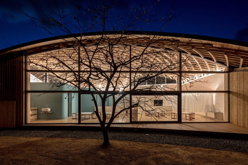 curved wood lattice roof hangs above nasca's blue sky nursery school in japan - 14