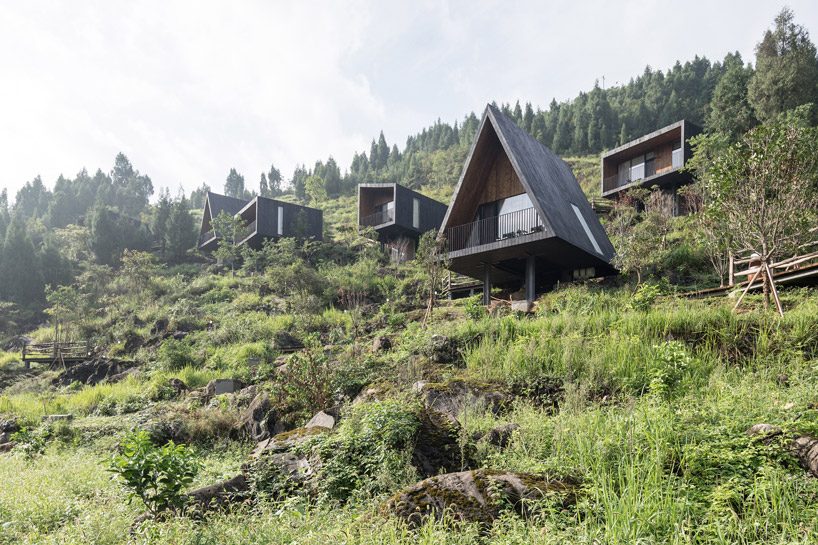 ZJJZ builds charred timber volumes on a hillside in rural china for 'woodhouse hotel' designboom