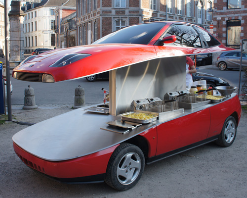 benedetto bufalino cuts fiat coupé horizontally to serve french fries on the street