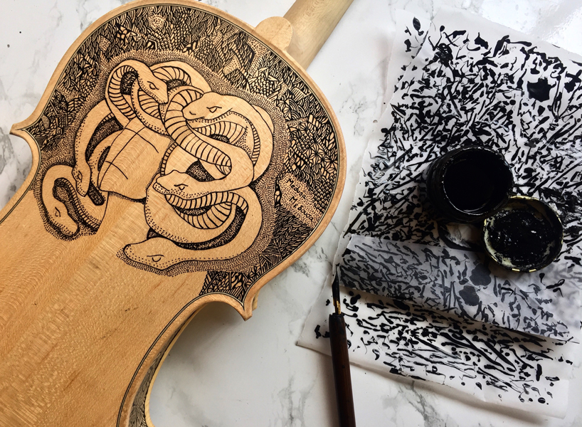 violins are perfect canvases for leonardo friga’s hand illustrated stories