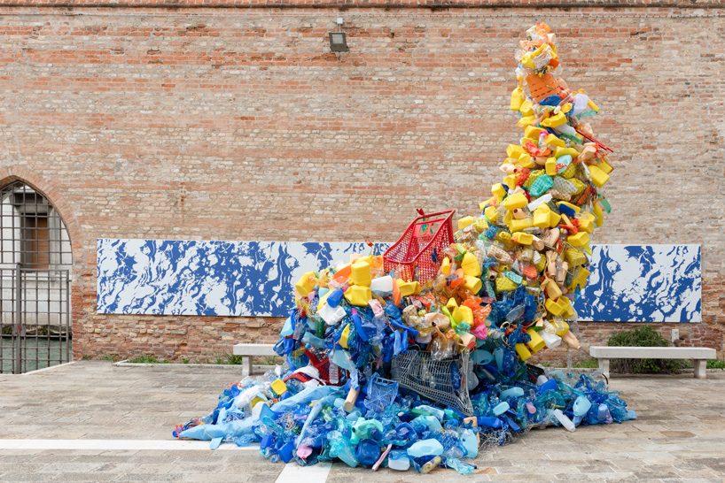 christian holstad + FPT industrial exhibit huge cornucopia made of plastic waste in venice