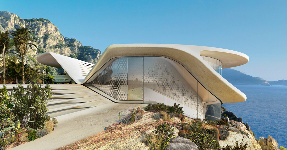 Form design idea #282: david tajchman proposes private residence on the rocks with curved, aerodynamic form