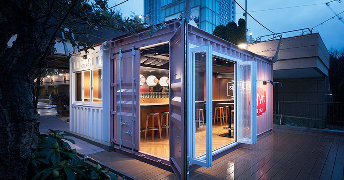 Form design idea #425: I IN repurposes a shipping container to form the SCHMATZ beer stand in tokyo