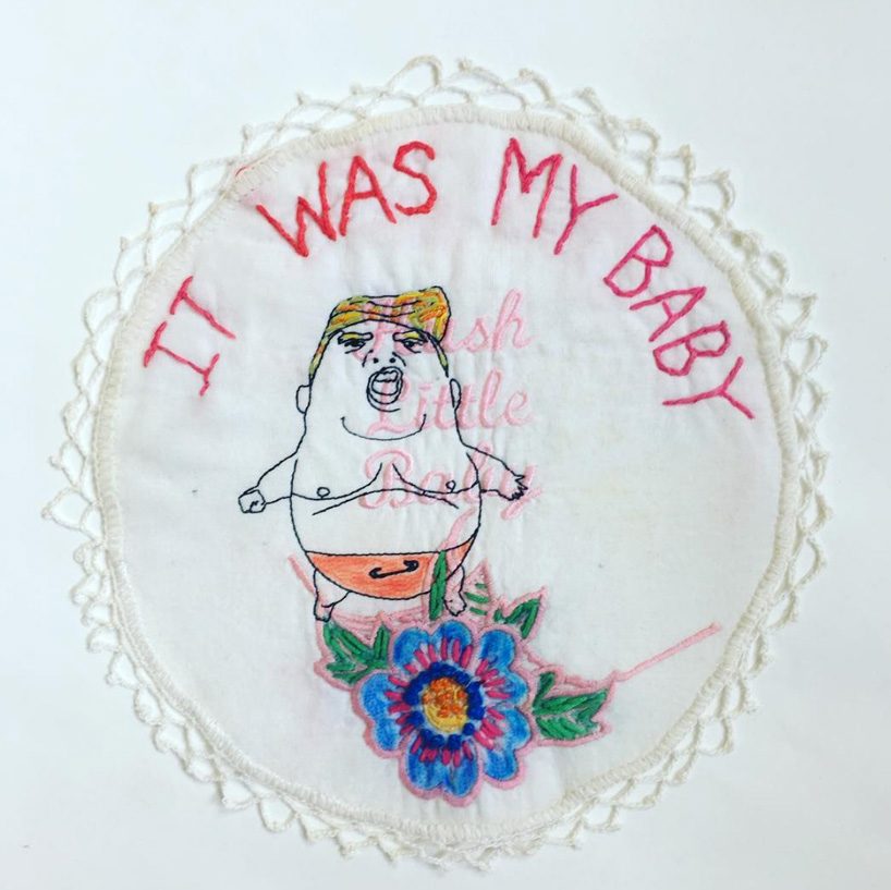 artist immortalizes trump's most controversial quotes onto hand-embroidered textile pieces