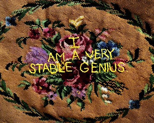 artist immortalizes trump's most controversial quotes onto hand-embroidered textile pieces