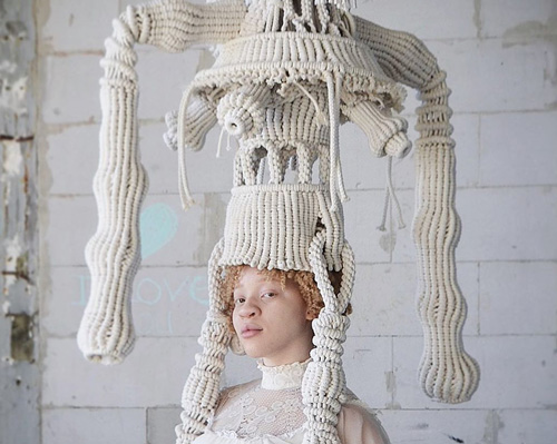 sandra de groot creates elaborate macramé sculptures as headpieces