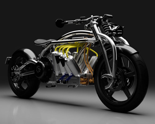 curtiss unveils 2020 zeus electric motorcycle with exposed V8 style batteries