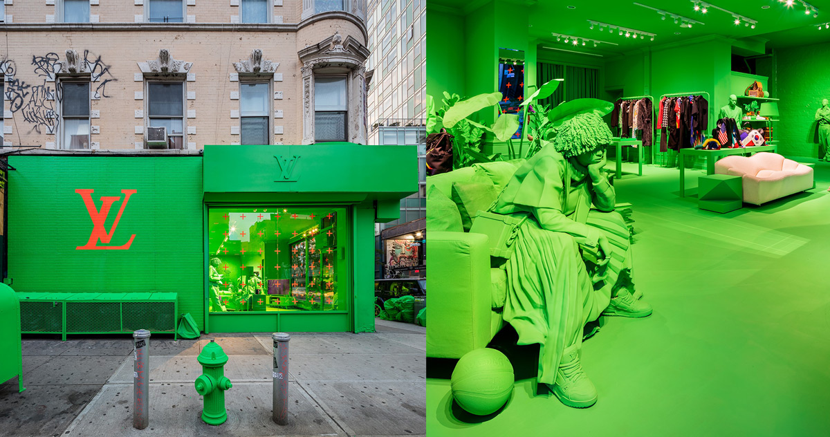 virgil abloh and louis vuitton colorize every inch of NYC pop-up in neon green