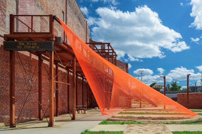 behin ha builds temporary shade installation in ohio using scrap mesh fabric