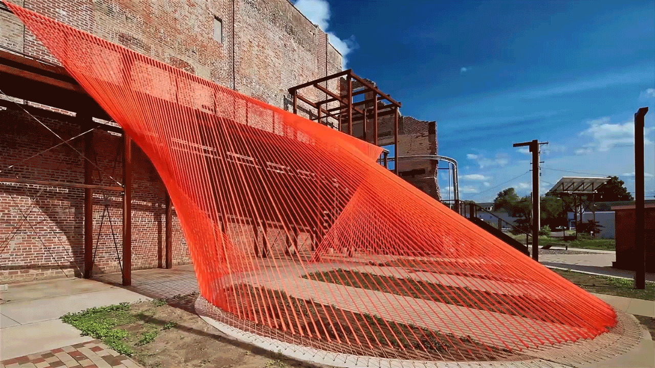 behin ha builds temporary shade installation in ohio using scrap mesh fabric