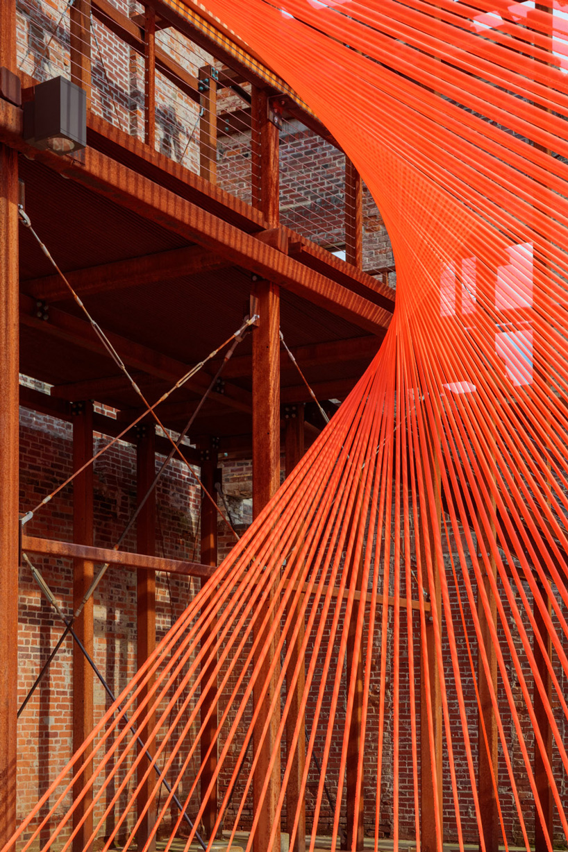 behin ha builds temporary shade installation in ohio using scrap mesh fabric