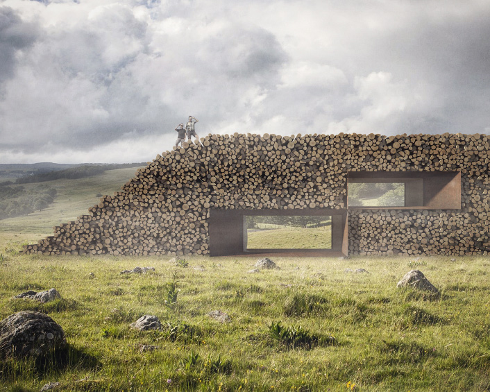 christophe benichou envisions a countryside house wrapped in a wall of logs