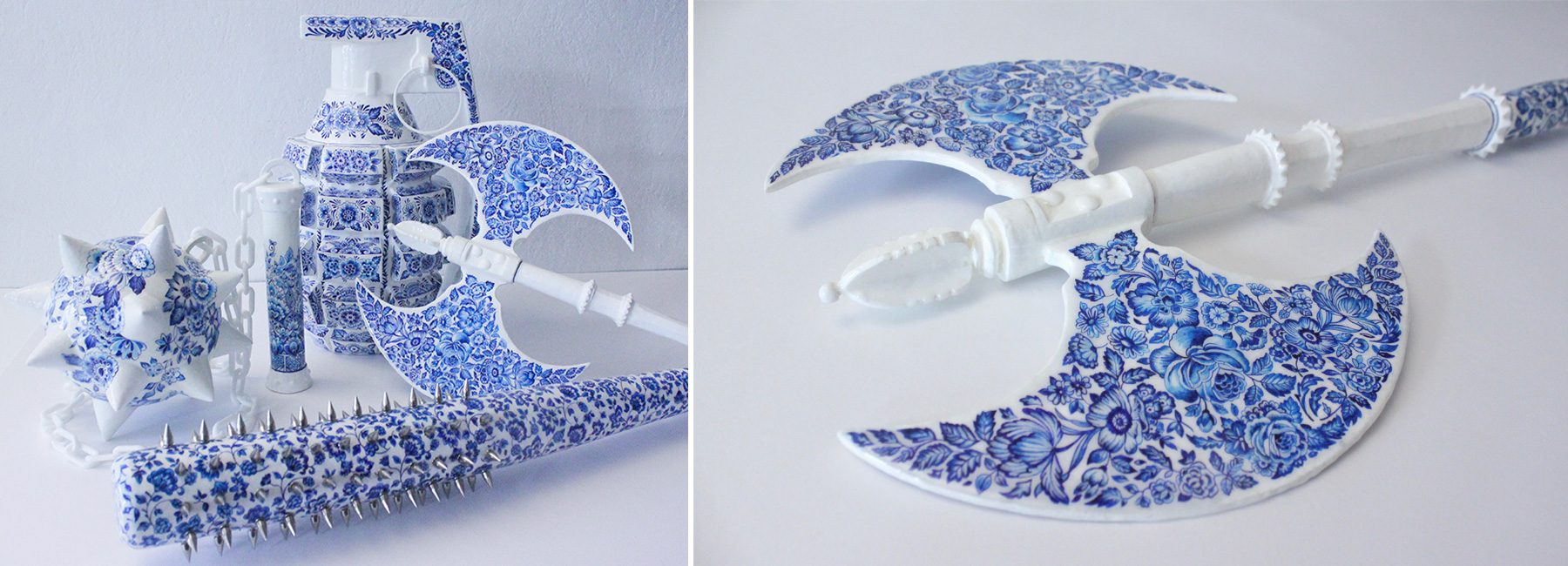 helena hauss hand paints ceramic weapons in delft blue style to