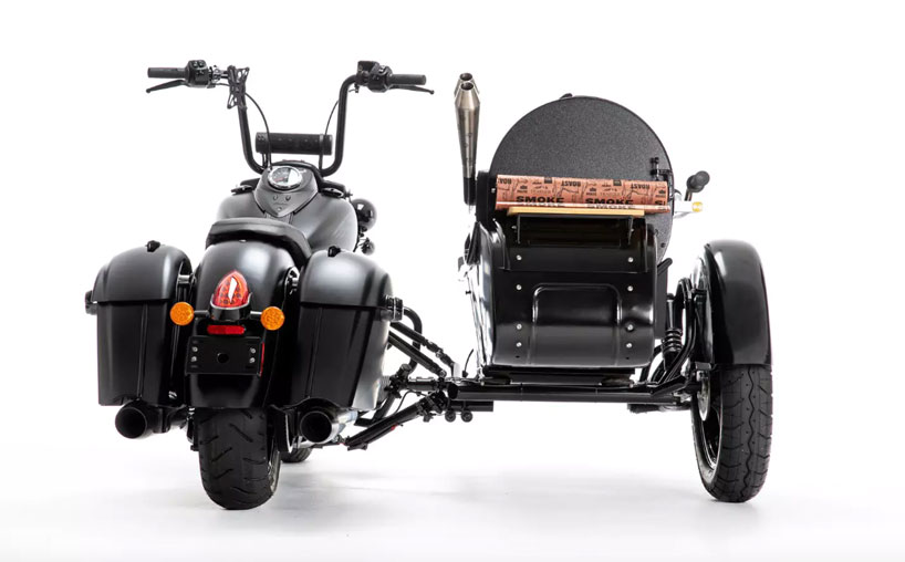 indian’s motorcycle has a built in barbecue so you can grill on the go