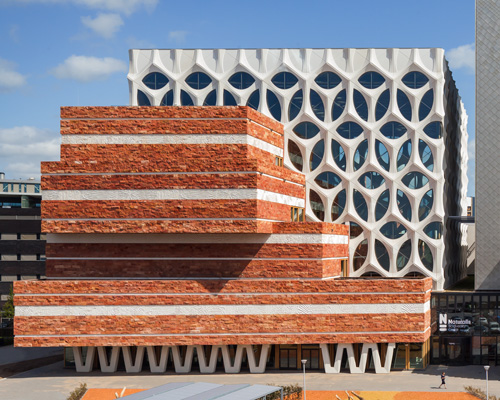 iris van herpen wraps neutelings riedijk-designed 'naturalis' in silky concrete geological frieze