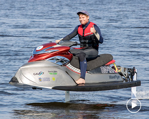 the waveflyer electric hydrofoil jet-ski flies above the water