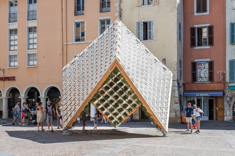  behin ha suspends a temporary inverted garden within the living pavilion in france