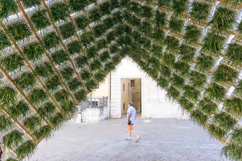  behin ha suspends a temporary inverted garden within the living pavilion in france