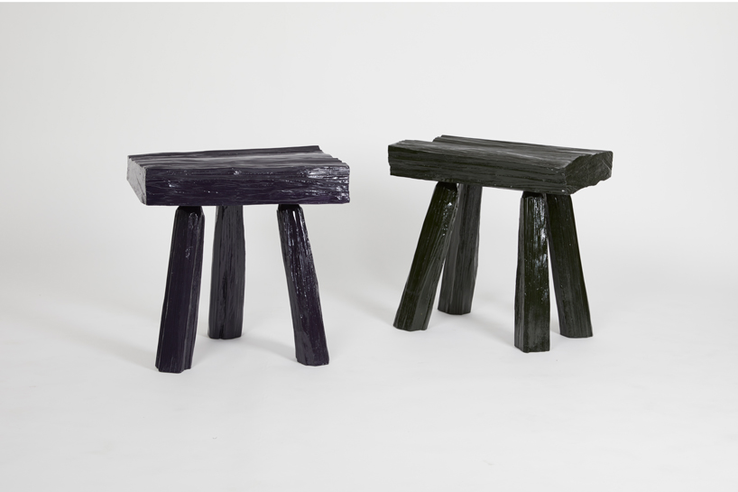 max lamb applies 9,000-year-old japanese lacquer technique to roughly hewn furniture