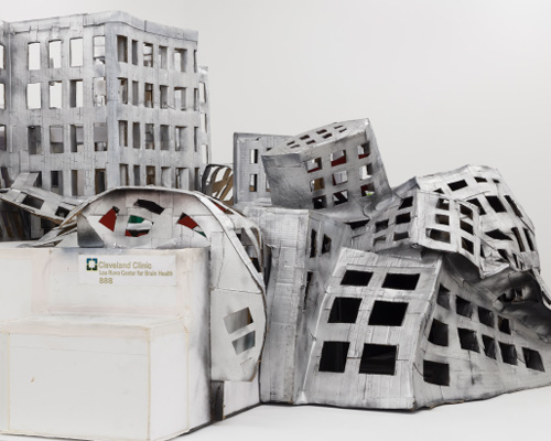 kambel smith uses salvaged materials to recreate buildings by frank gehry and robert venturi