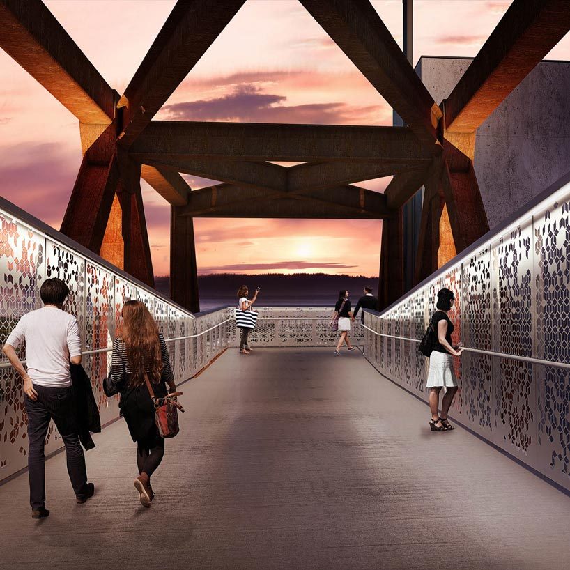 LMN architects utilizes weathered steel trusses to build pedestrian bridge in washington designboom