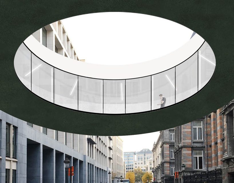 office KGDVS plans 'tondo', a tilted circular footbridge coated with mirrors in brussels