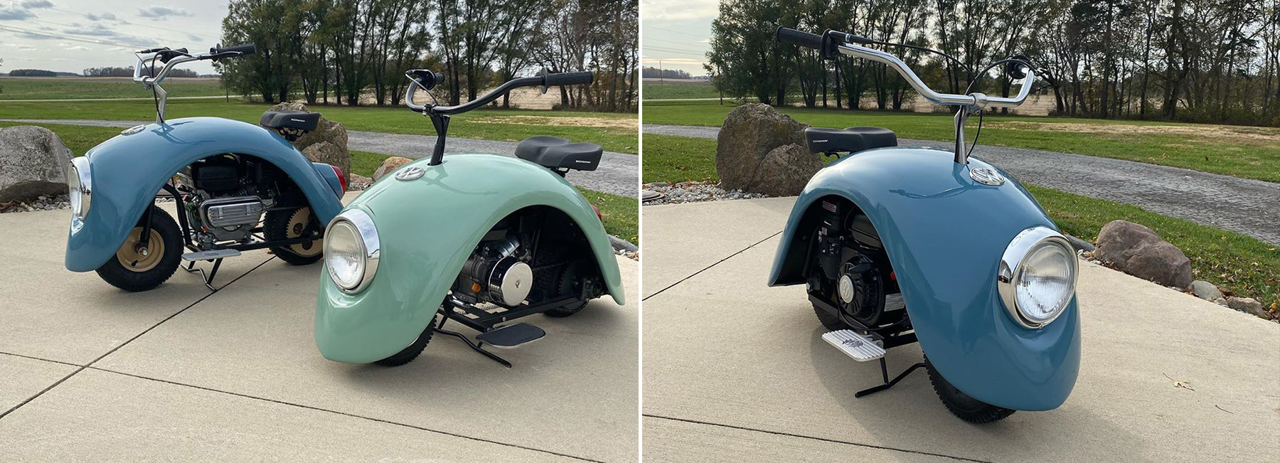 an original volkswagen beetle was taken apart to create these mini bikes