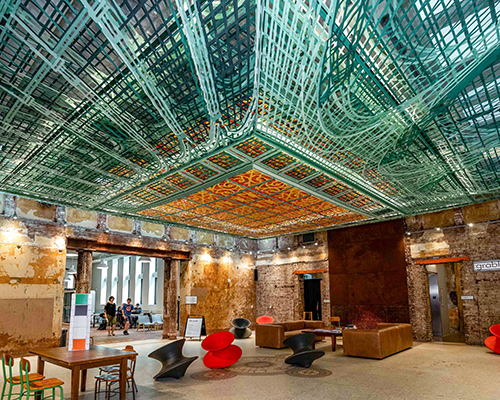 freelandbuck's over view replicates historic glass ceiling with illusionistic textile linework