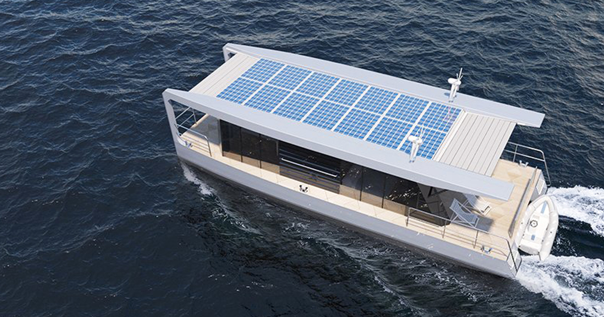 max zhivov integrates solar panels and wind turbines in houseboat design