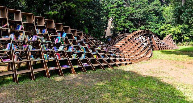 NUDES fabricates the 'bookworm' pavilion to foster a love of reading in india designboom