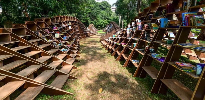 NUDES fabricates the 'bookworm' pavilion to foster a love of reading in india designboom
