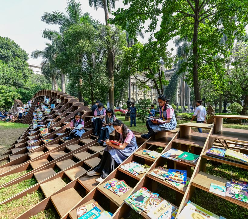 NUDES fabricates the 'bookworm' pavilion to foster a love of reading in india designboom