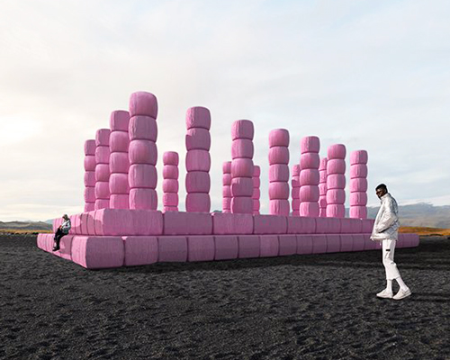 tobia zambotti stacks pink hay bales in rural iceland to raise awareness of breast cancer