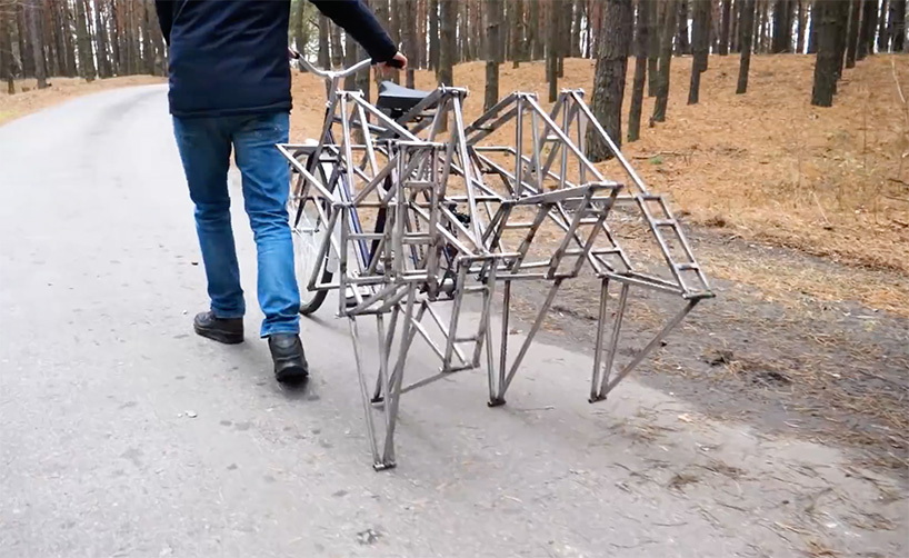 this walking bicycle draws from theo jansen’s large-scale kinetic strandbeest sculptures