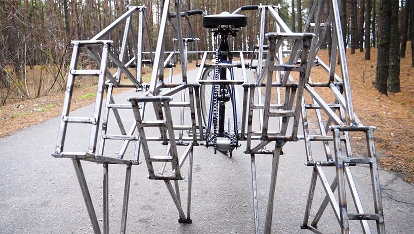 this walking bicycle draws from theo jansen’s large-scale kinetic strandbeest sculptures