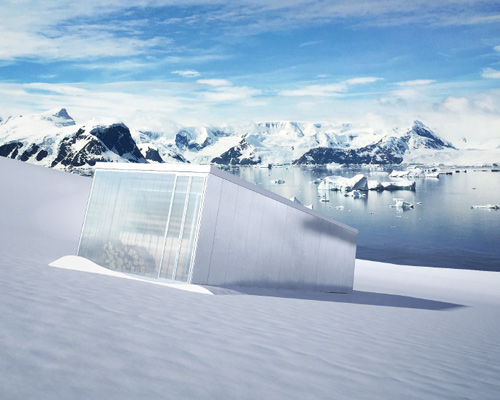 christophe benichou's sliding shelter appears to descend towards an icy lake