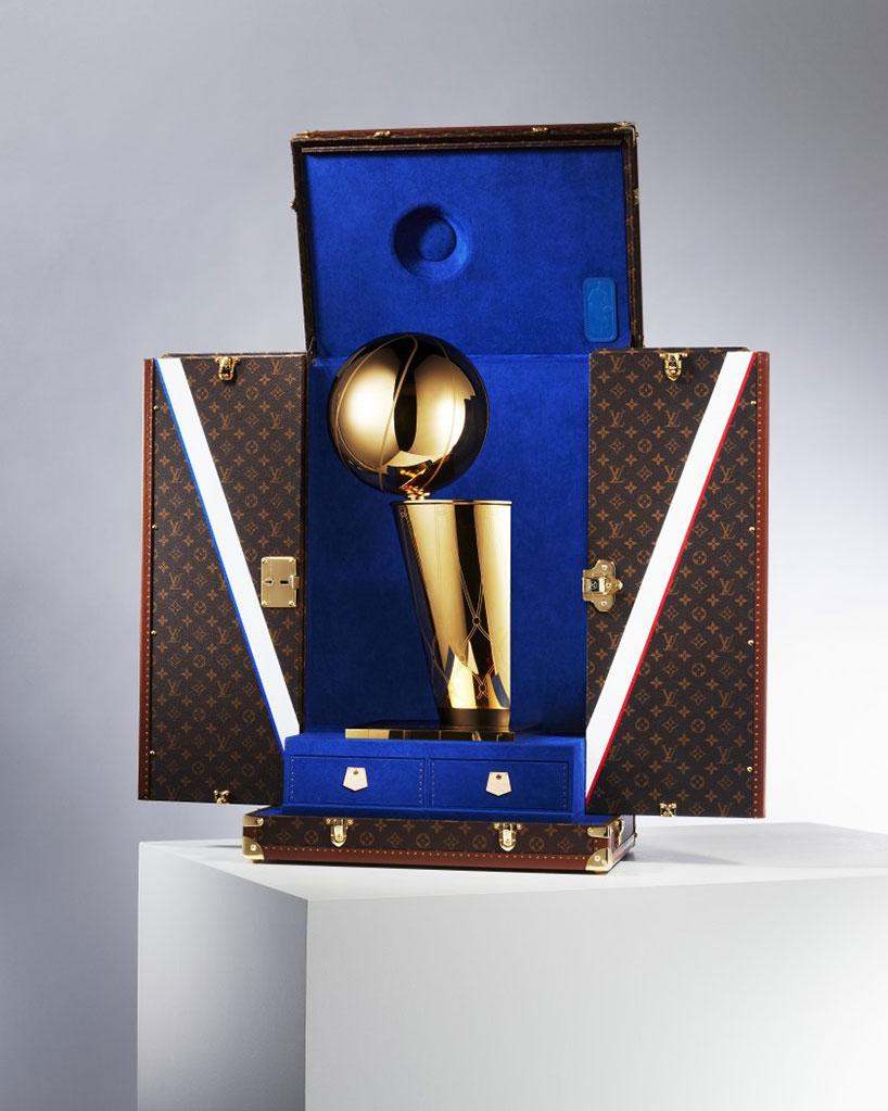 louis vuitton and NBA unveil blue velvet, LV monogramed travel trophy case