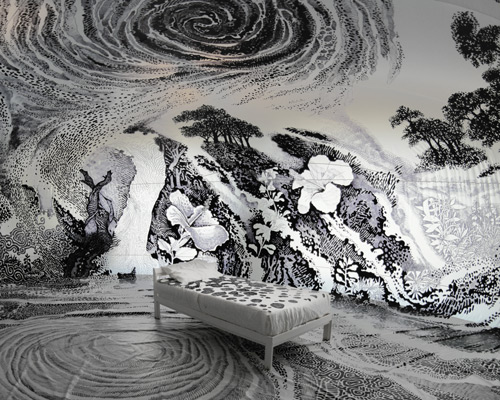 oscar oiwa inks 360° monochrome dreamscape mural in california using 120 sharpie markers