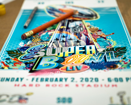 tristan eaton illustrates super bowl tickets to celebrate the NFL's 100th anniversary