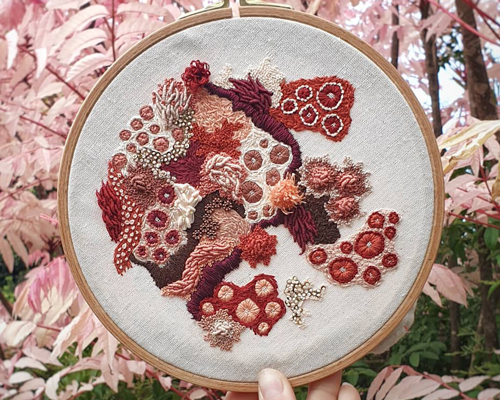 hannah kwasnycia stitches moss, lichen and coral reef embroidery hoops