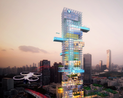 MVRDV and airbus envision flying vehicles that collect passengers from their balconies