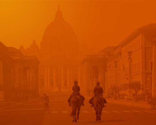 'corome virus' depicts the deserted streets of rome in a dystopian orange haze