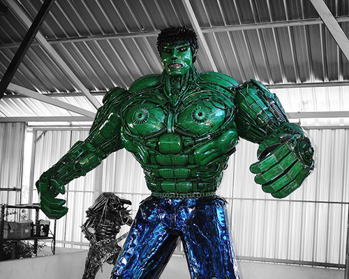 this giant hulk sculpture is made from recycled auto parts