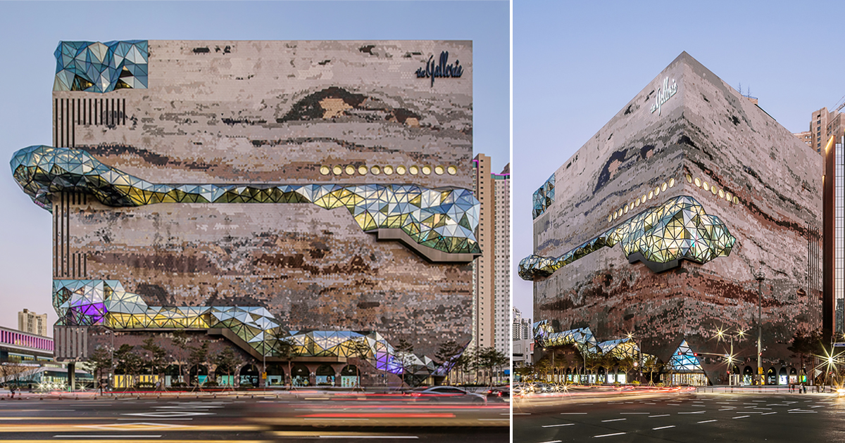 OMA's galleria in gwanggyo with mosaic stone façade is realized in korea