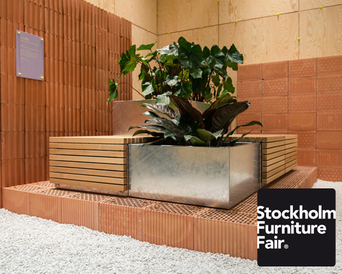 vestre displays urban furniture on stand of low waste + reusable components in stockholm