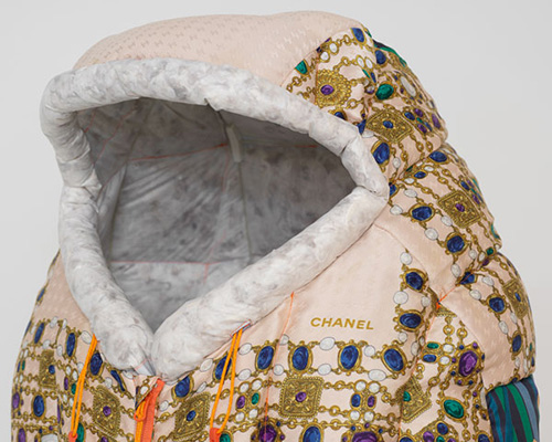 mummy sleeping bags made from margaret thatcher’s vintage scarfs by simon denny