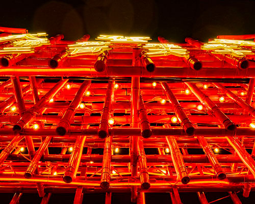 traditional red-painted bamboo scaffolding builds the 'red shine gateway' in taipei 