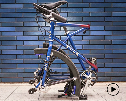 the tuck bike features foldable wheels and collapses to the size of a weekend bag