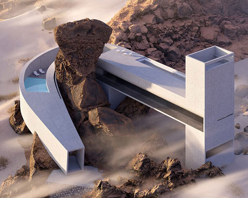 a monolithic concrete volume winds around natural rock for 'house in the desert' concept
