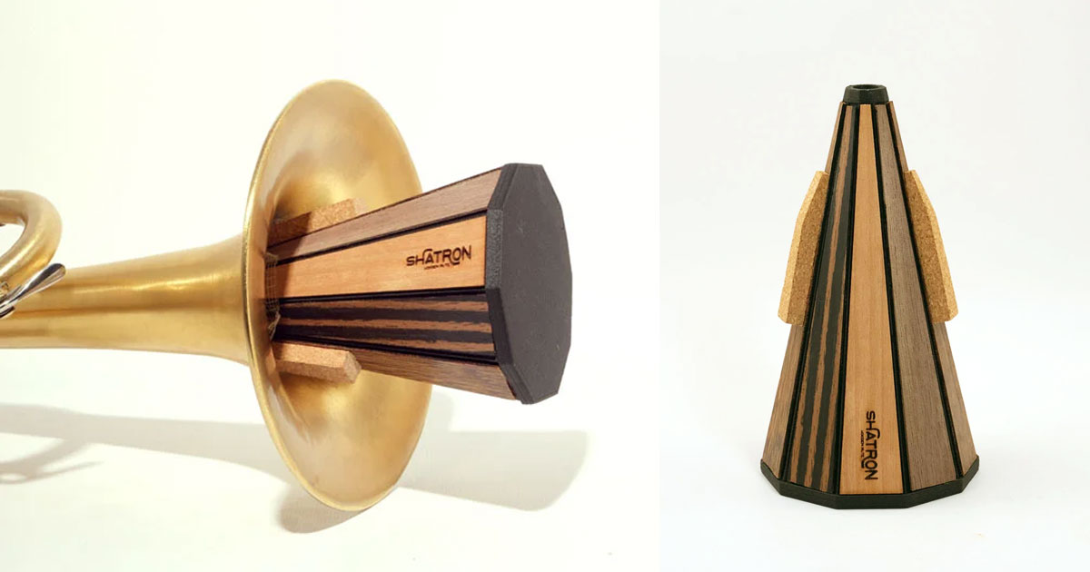 'shatron' is a sustainable mute for trumpets made from recycled wood